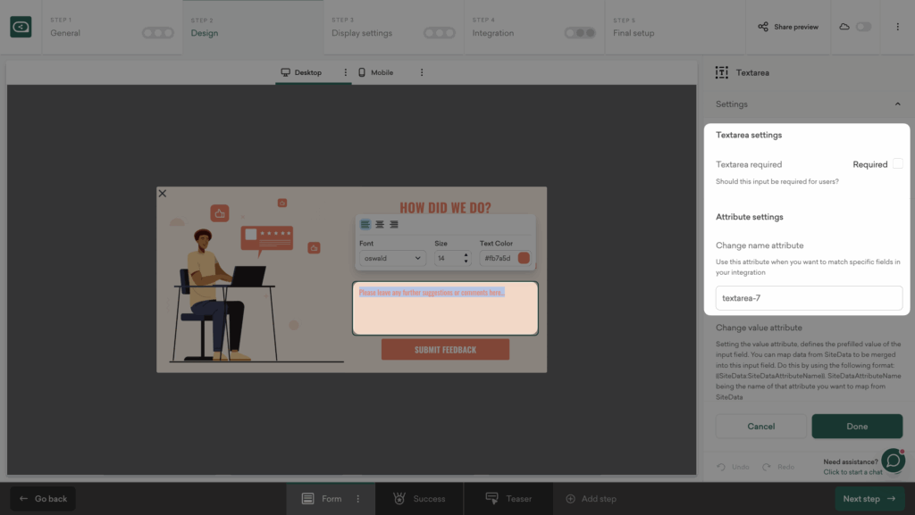 Customize textarea field in Sleeknote post-purchase survey