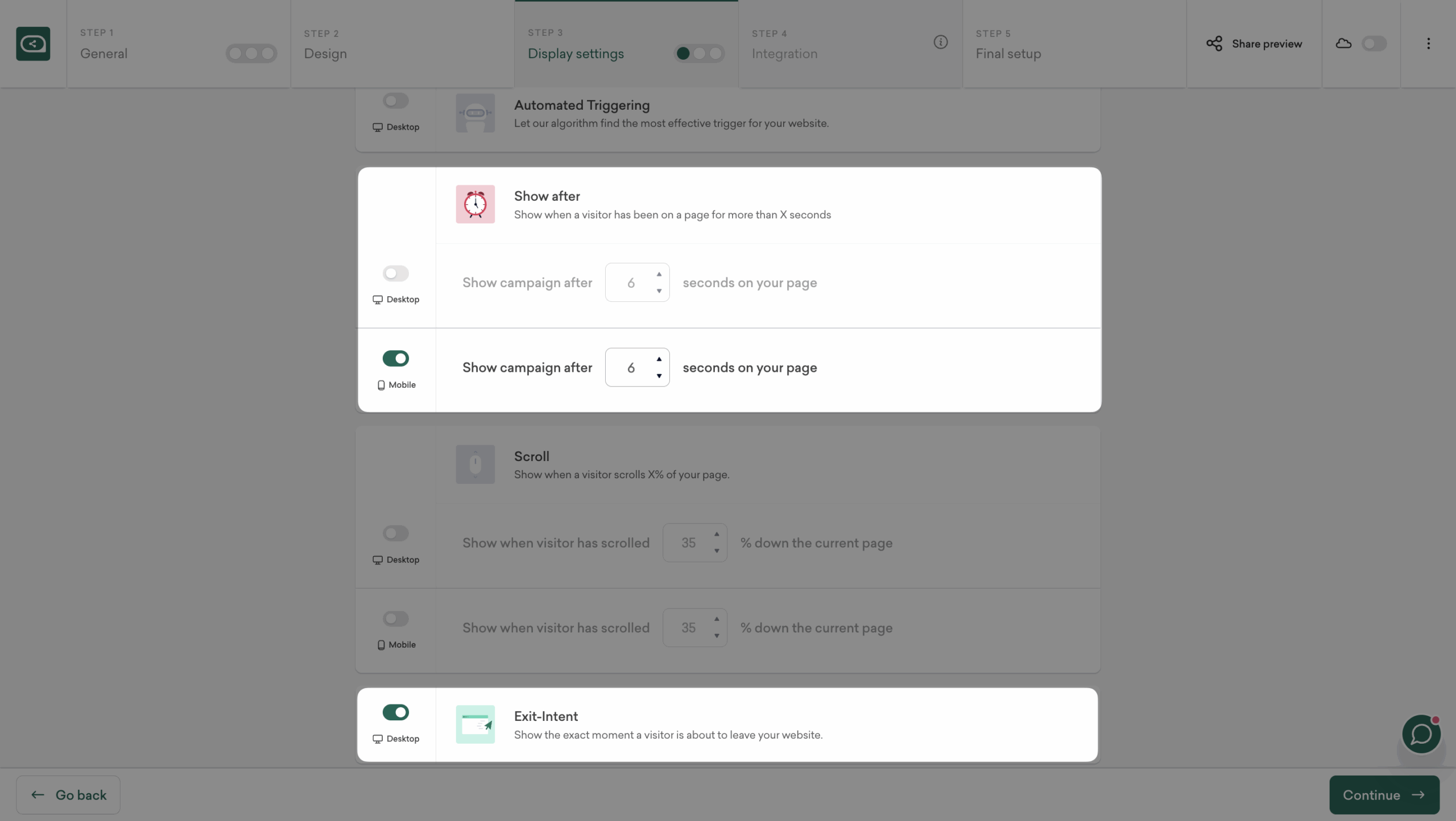 Configure exit-intent or time-based triggers for your popup.