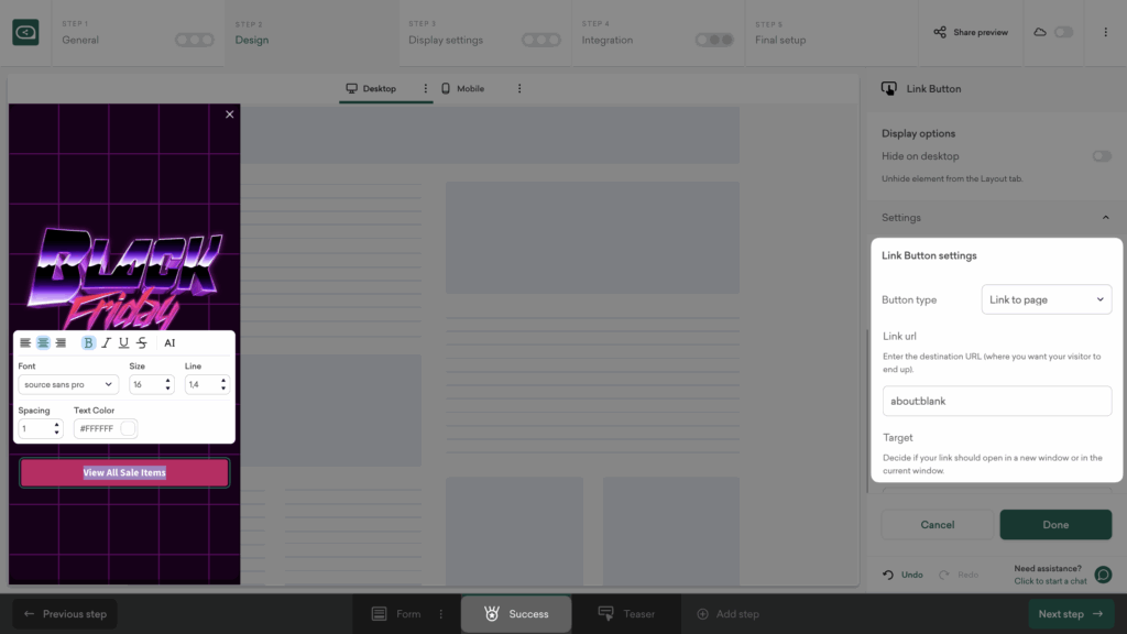 Add success step link to your Black Friday SMS and email popup