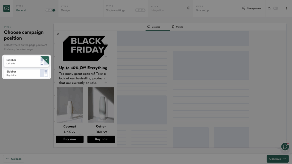 Choose sidebar position for Black Friday popup catalogue on your site