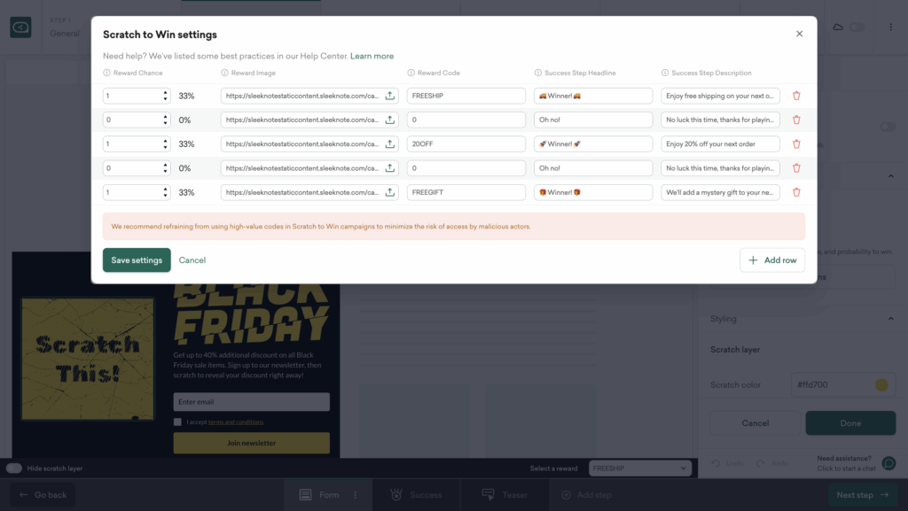 Set up rewards in your Black Friday scratch popup