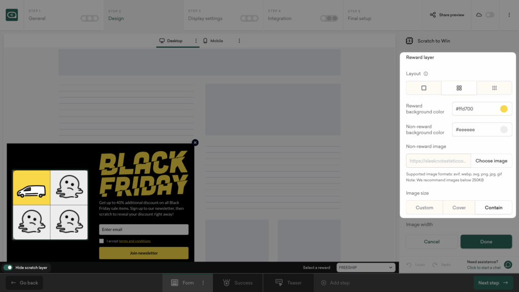 Design the reward layer in your Black Friday scratch popup