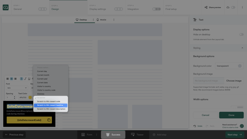 Edit the success message in your Black Friday scratch popup