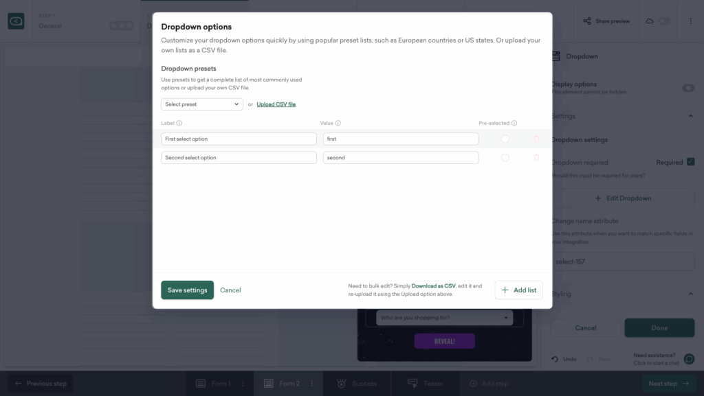 Black friday spin to win popup dropdown customization step