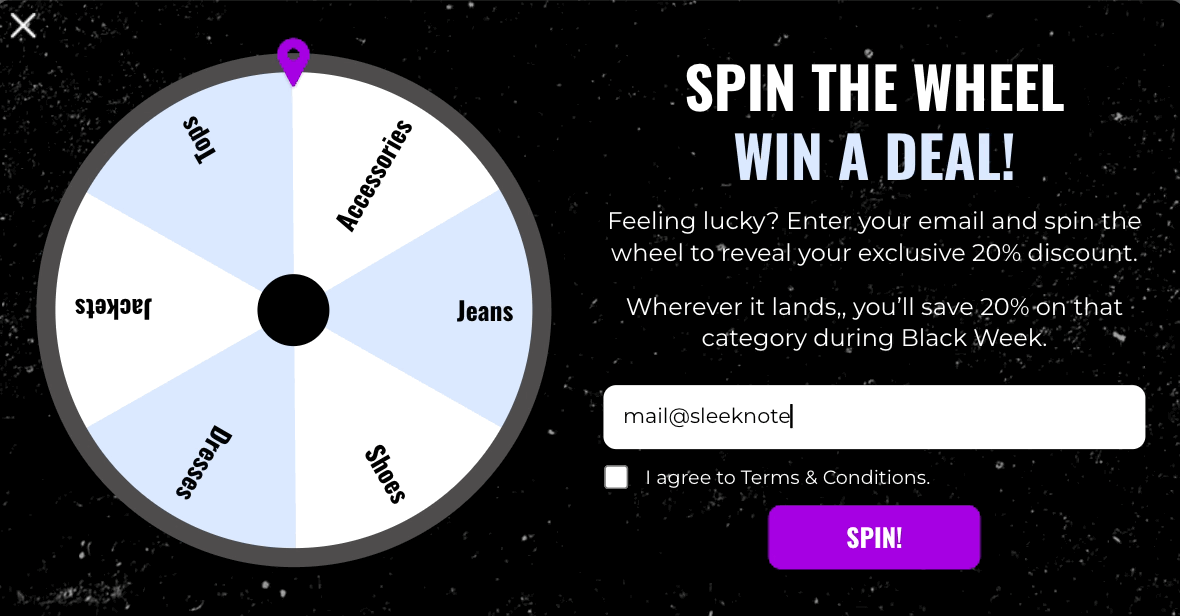 Black Friday spin to win multistep popup with reward options and subscriber questions