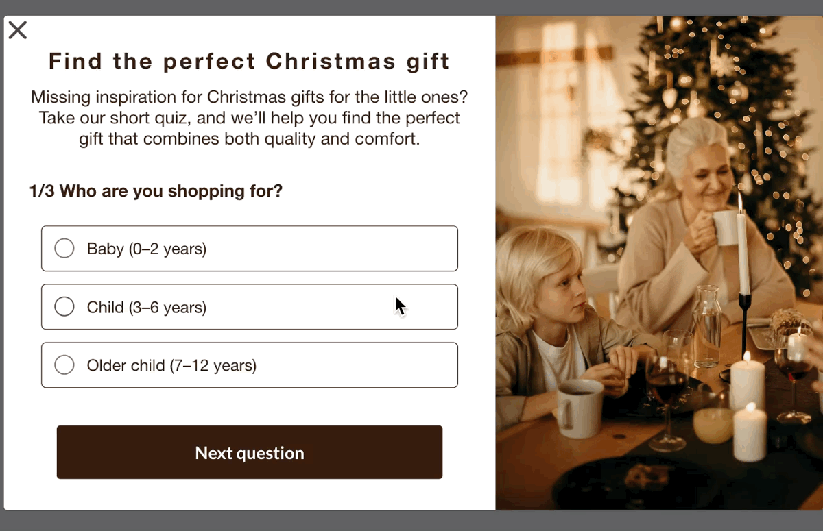 Christmas Gift Quiz animation showing shopper selecting gift recipient.