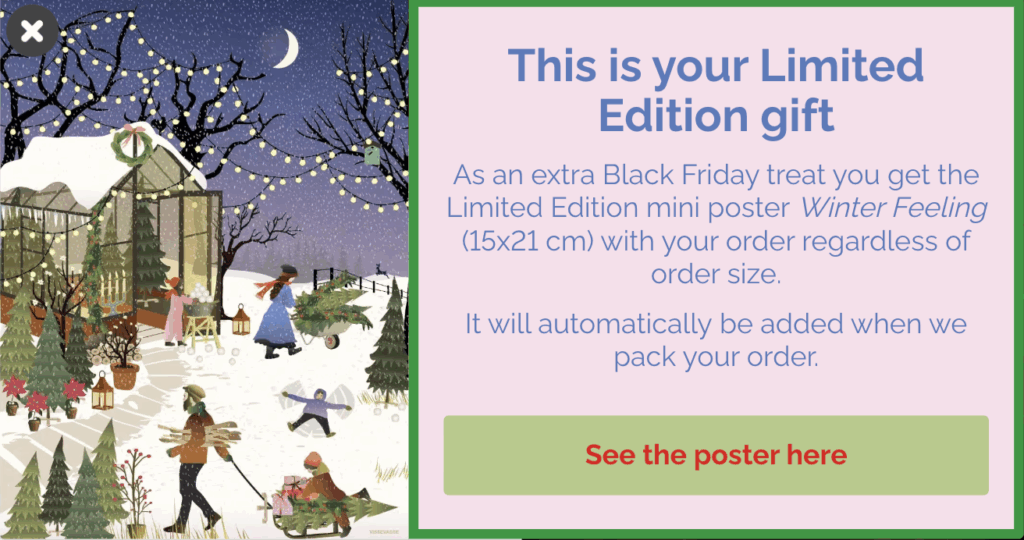 Vissevasse popup offering a limited edition Black Friday poster.