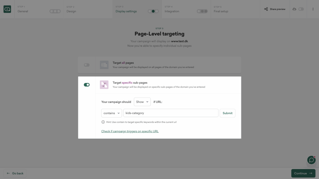Sleeknote display settings for showing quiz on specific pages.