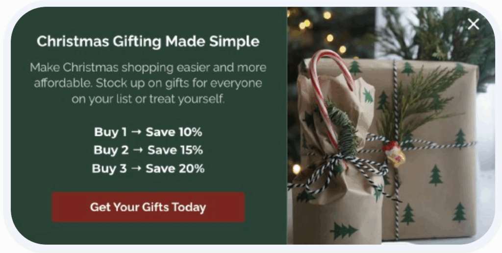 Christmas gifting popup with tiered discounts offer.