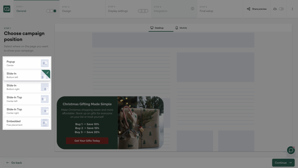 Sleeknote Christmas tiered discounts popup position settings.
