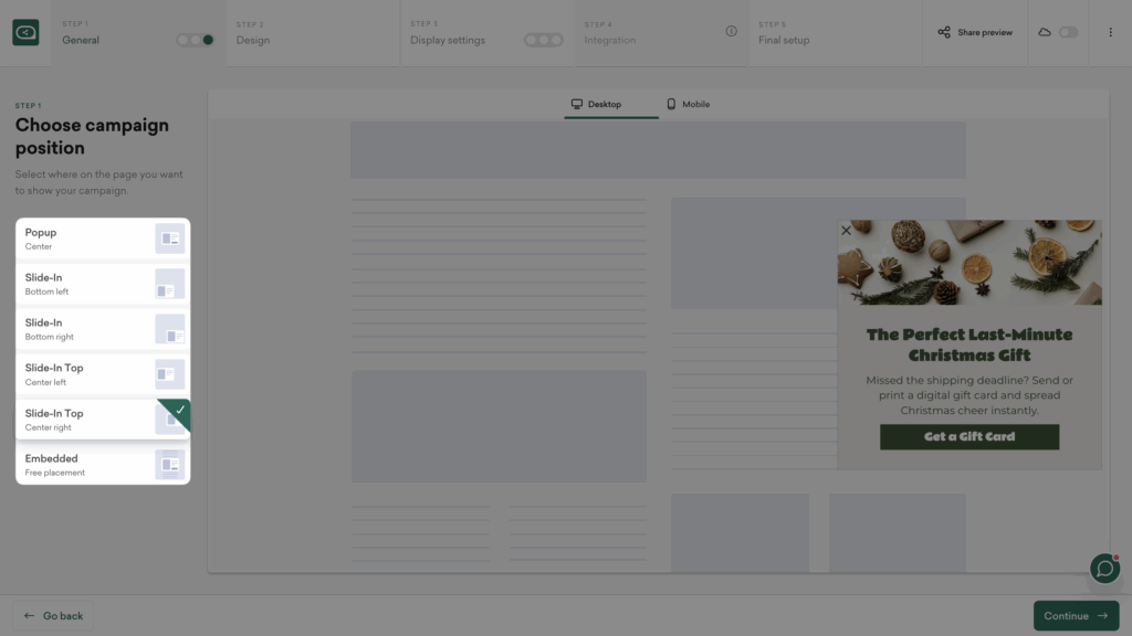 Sleeknote Christmas digital gift cards popup position settings.