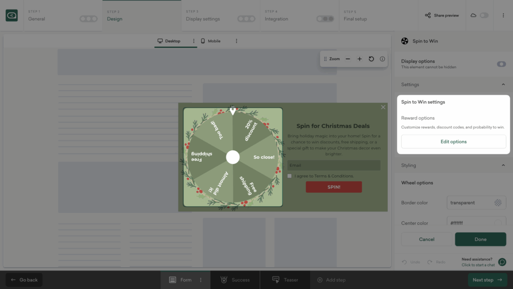 Sleeknote Spin to Win wheel edit options.