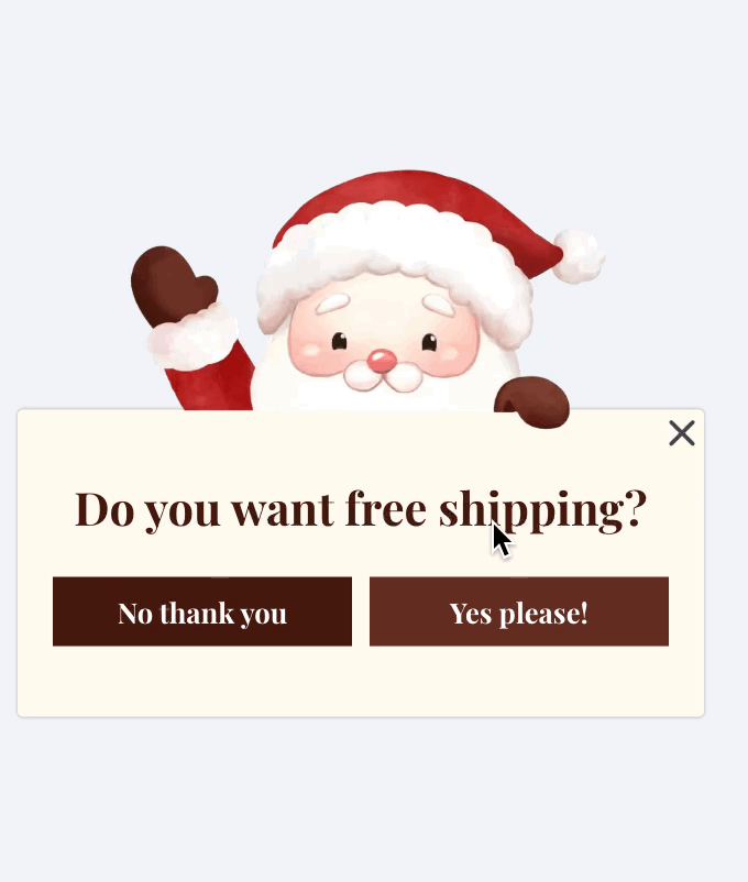 Animated question popup showing free shipping offer and Yes/No buttons