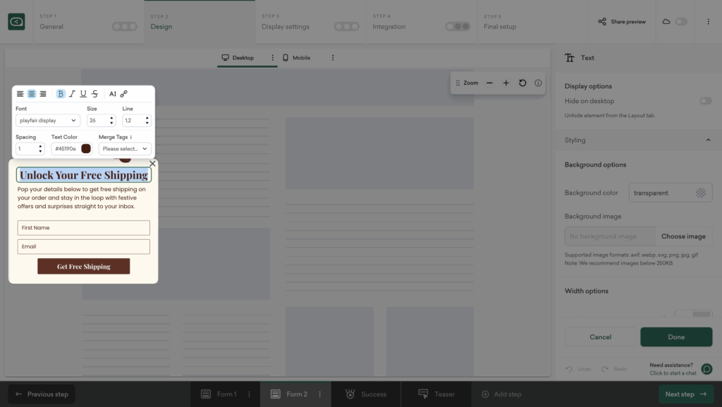 Editable text fields in question popup design