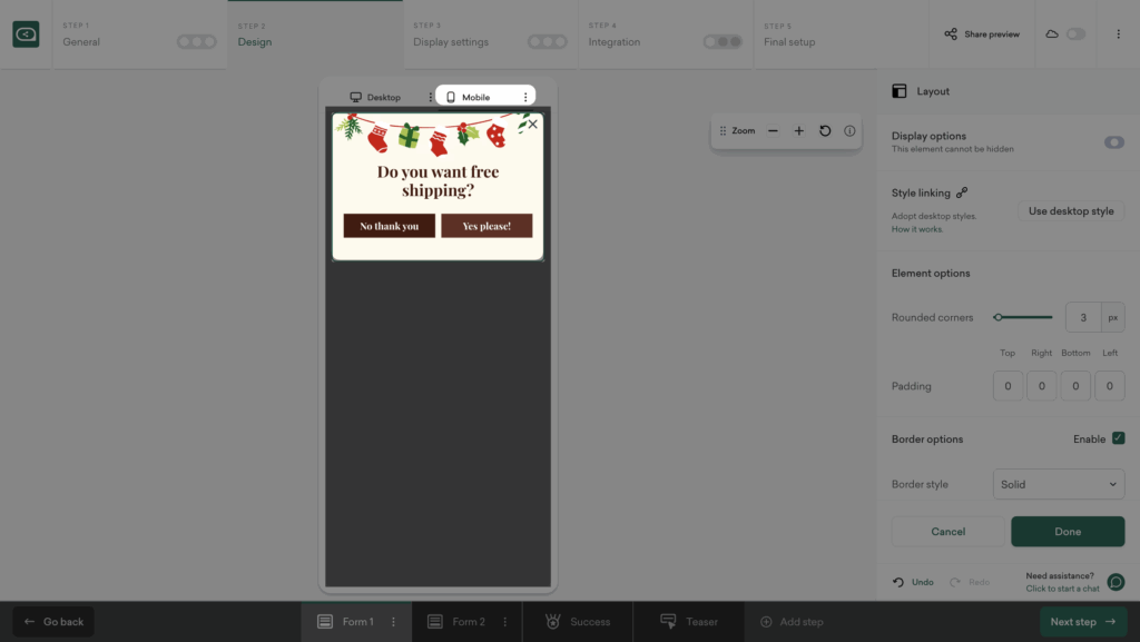 Mobile view setup for Christmas question popup