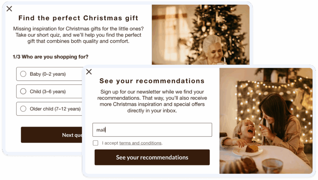 Christmas gift quiz popup helping shoppers choose presents for children, shown alongside a festive family holiday scene.