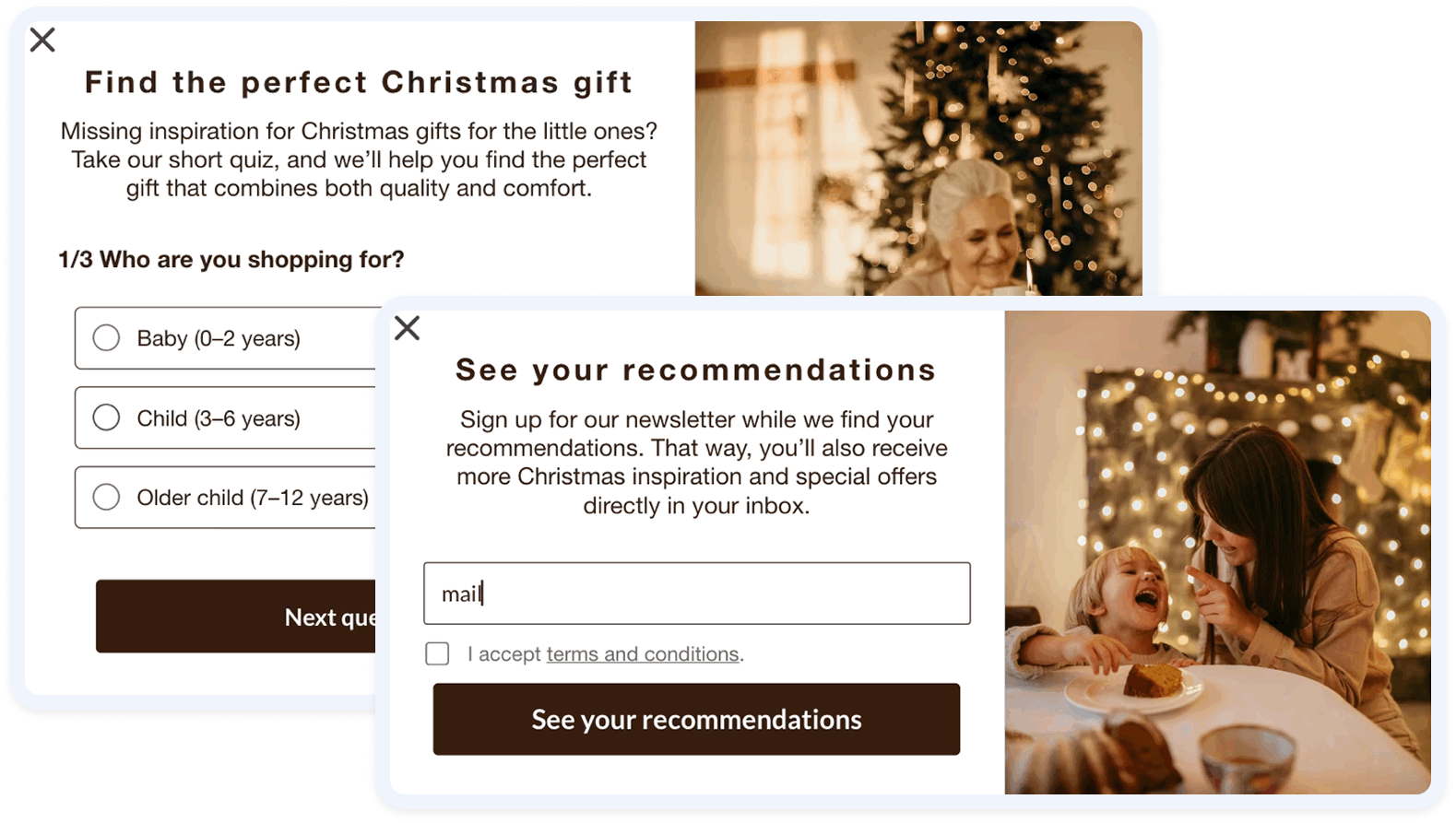 Christmas gift quiz popup helping shoppers choose presents for children, shown alongside a festive family holiday scene.
