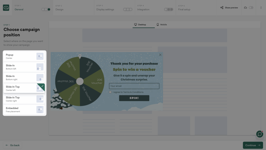Christmas Spin to Win popup position settings in Sleeknote.