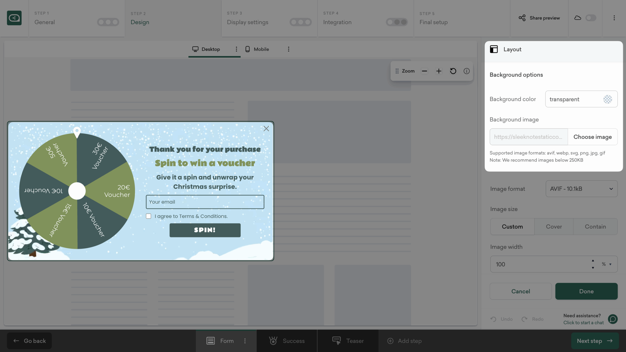 Customize Christmas repeat purchases Spin to Win popup layout and design.