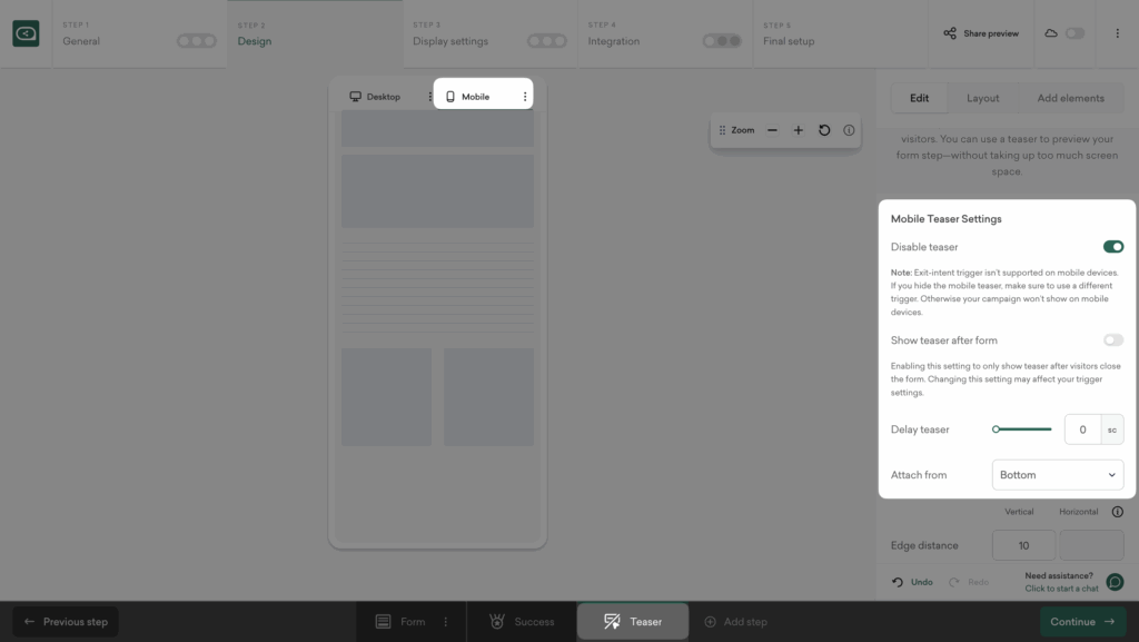 Sleeknote mobile teaser options for Spin to Win popup.