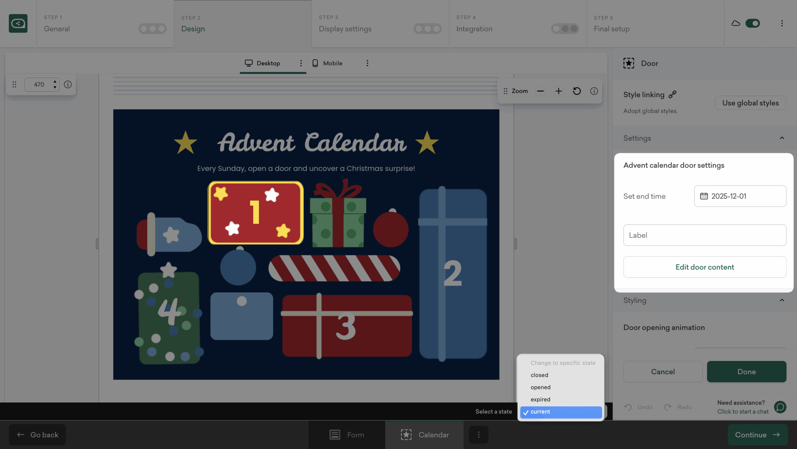 Editing an individual door in the Christmas Advent Calendar in Sleeknote