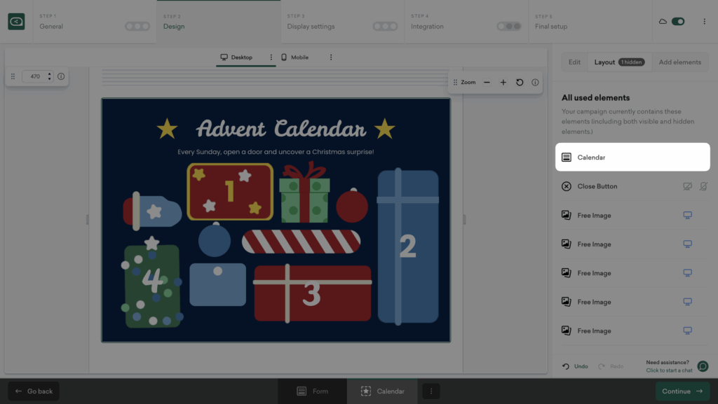 Sleeknote calendar layout settings with door styling options