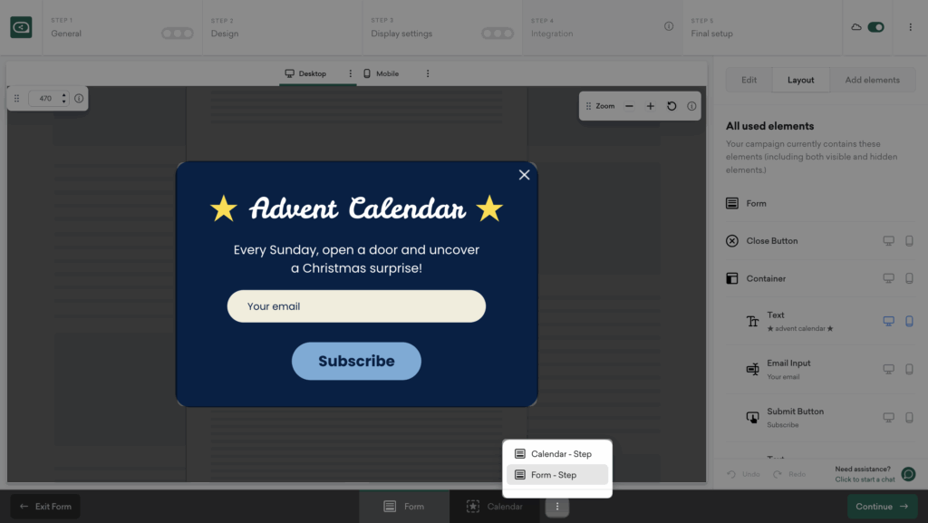 Sleeknote form overlay setup for Christmas Advent Calendar