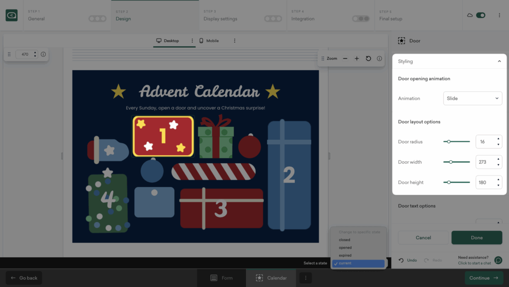 Sleeknote calendar settings showing door animation and layout options
