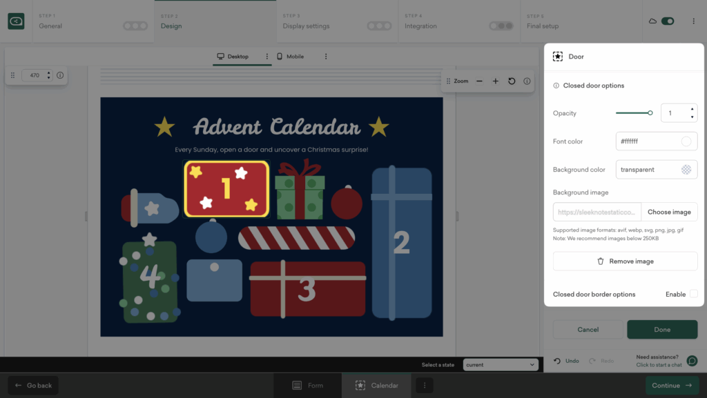 Styling options for closed, opened, expired, and current calendar doors