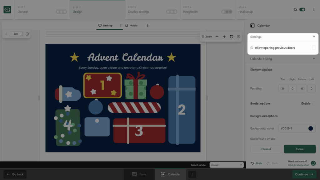 Option to allow or restrict access to past Advent Calendar doors