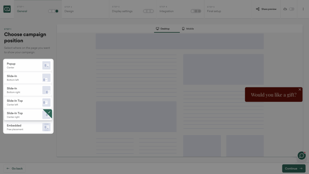 Christmas gift popup position settings in Sleeknote editor