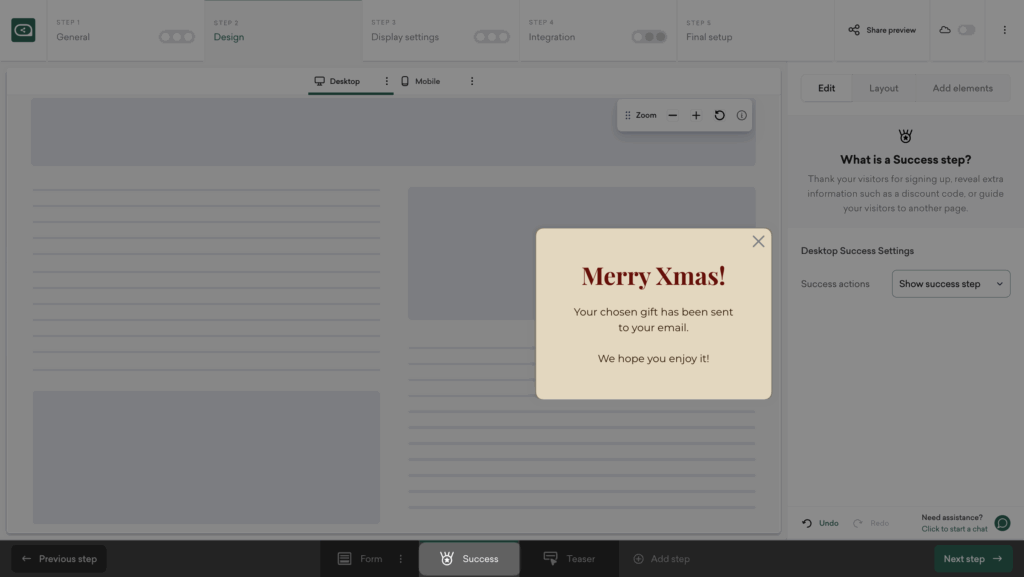 Christmas gift popup success step editor