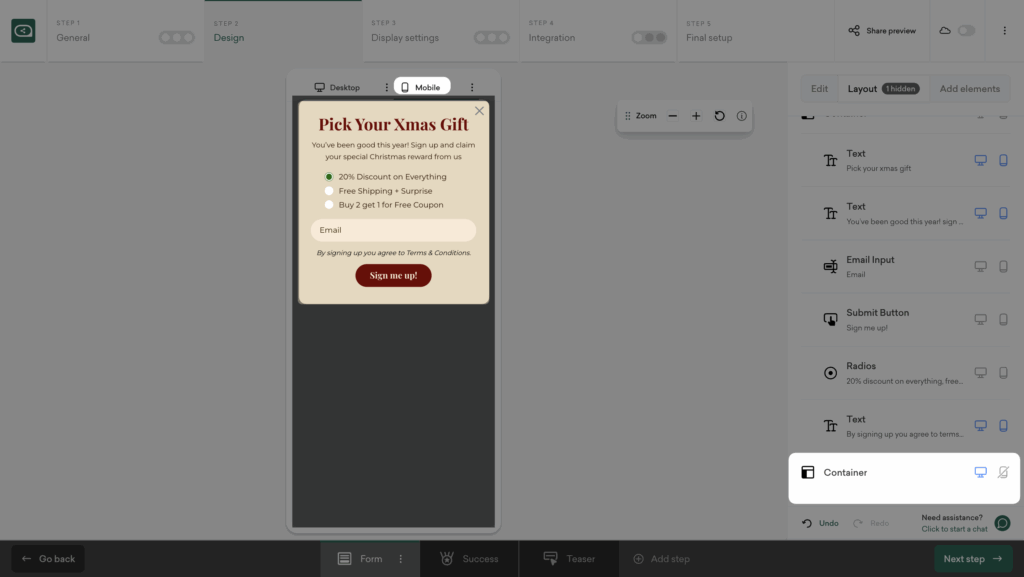 Christmas gift popup mobile version in Sleeknote editor