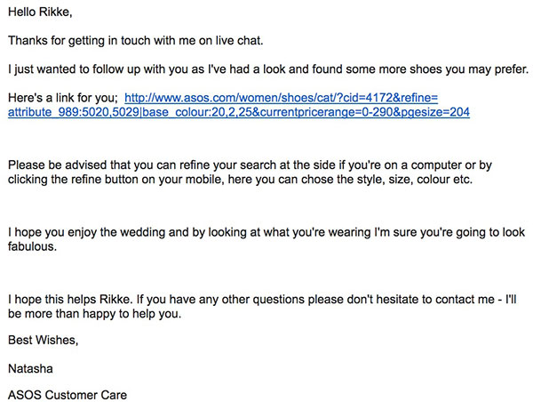 ASOS Live Chat Follow-Up Email