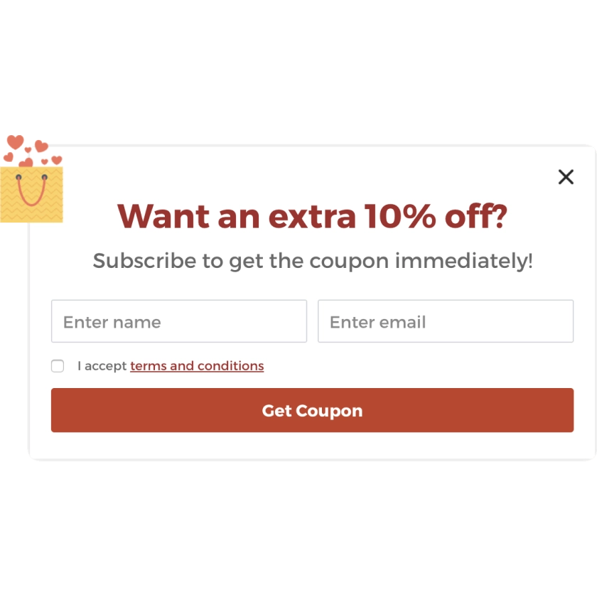 popup na stronie internetowej oferujące dodatkowe 10% zniżki