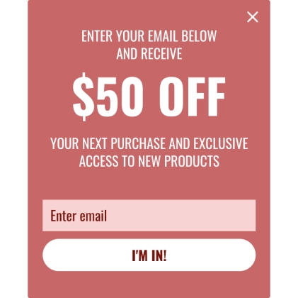 popup e-mail oferujące 50 dolarów zniżki na następny zakup