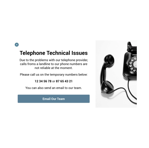 Biały szablon popup na stronie internetowej informujący o kwestiach technicznych