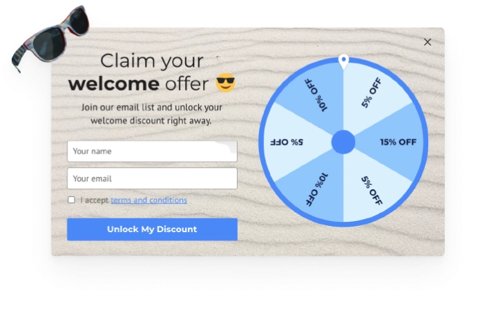 A website popup with a spin-to-win wheel
