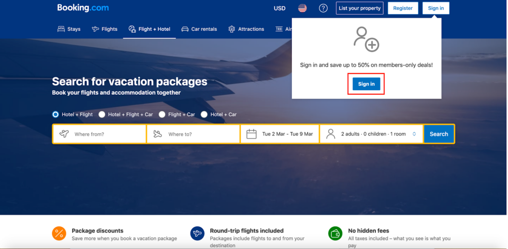 Booking.com sign up popup