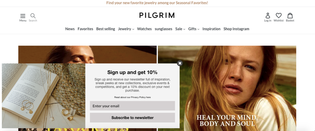 Pilgrim newsletter 10% popup