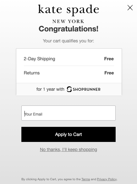 Kate Spade cart recovery popup