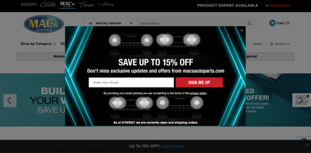 Mac’s Auto Parts Discount Popup