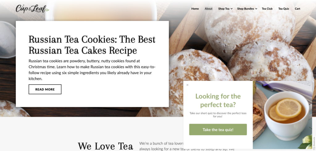 Cup & leaf first-time visitors tea quiz popup