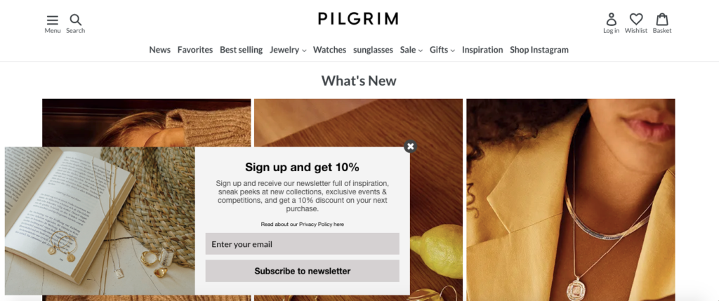 Pilgrim newsletter 10% popup