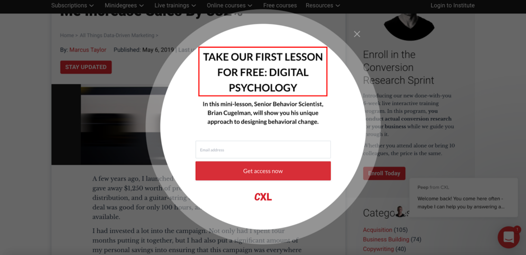 ConversionXL Free Lesson Popup