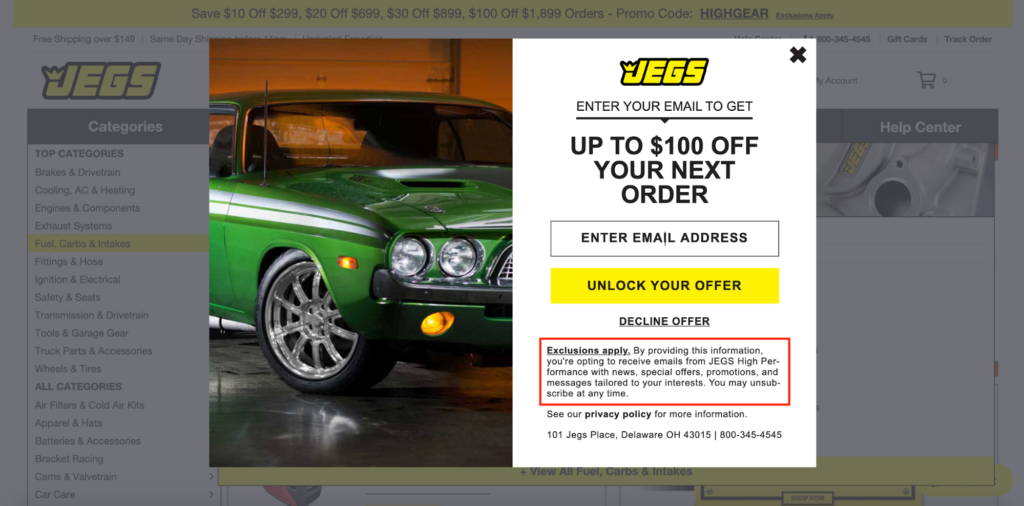 JEGS High Performance Parts Offer Popup