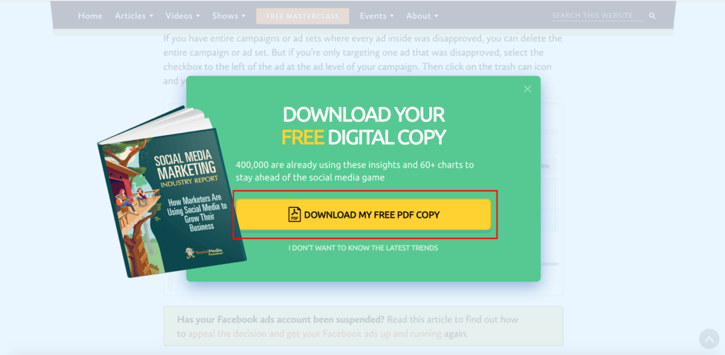 Social Media Examiner’s popup free copy