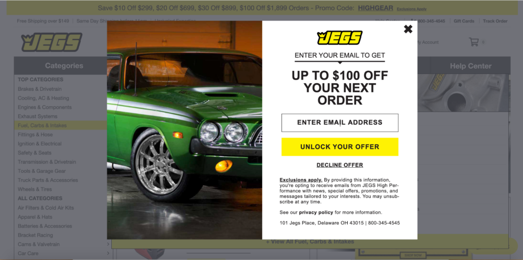  JEGS High Performance Parts Offer Popup