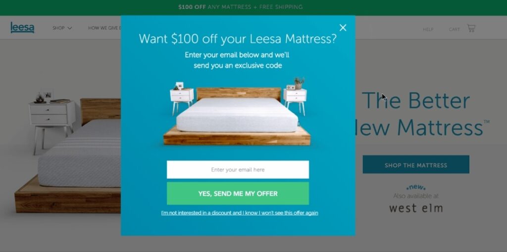 Leesa shopify cart abandoned popup