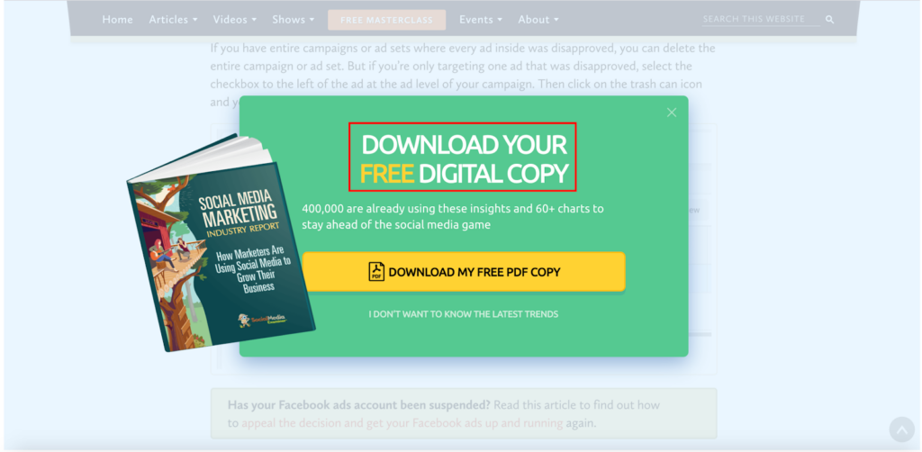 Social Media Examiner’s popup free copy